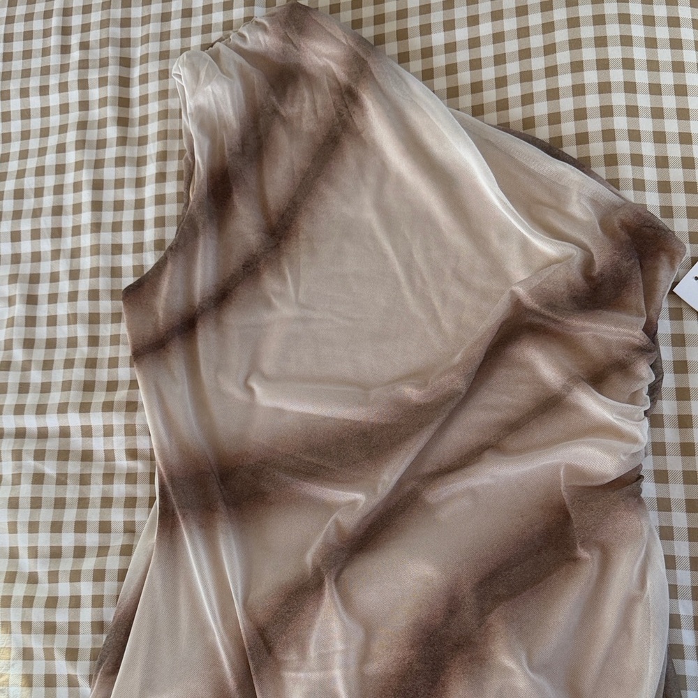 Light One-Shoulder Mesh Maxi Dress in Taupe Swirl